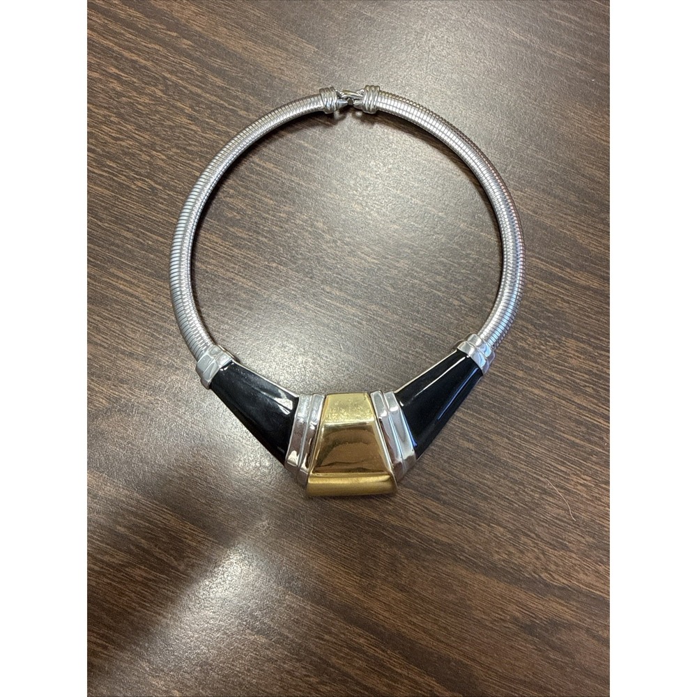 Alexis‎ Kirk Silver, Black and Gold Toned Hinged Collar Necklace Choker